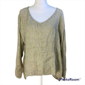 FLAX Green Cream Linen Waffle Texture Shirt Top Small Lagenloook Boxy Artsy